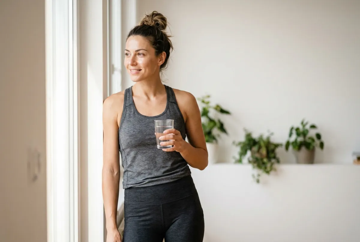 An active woman after a workout with a glass of water