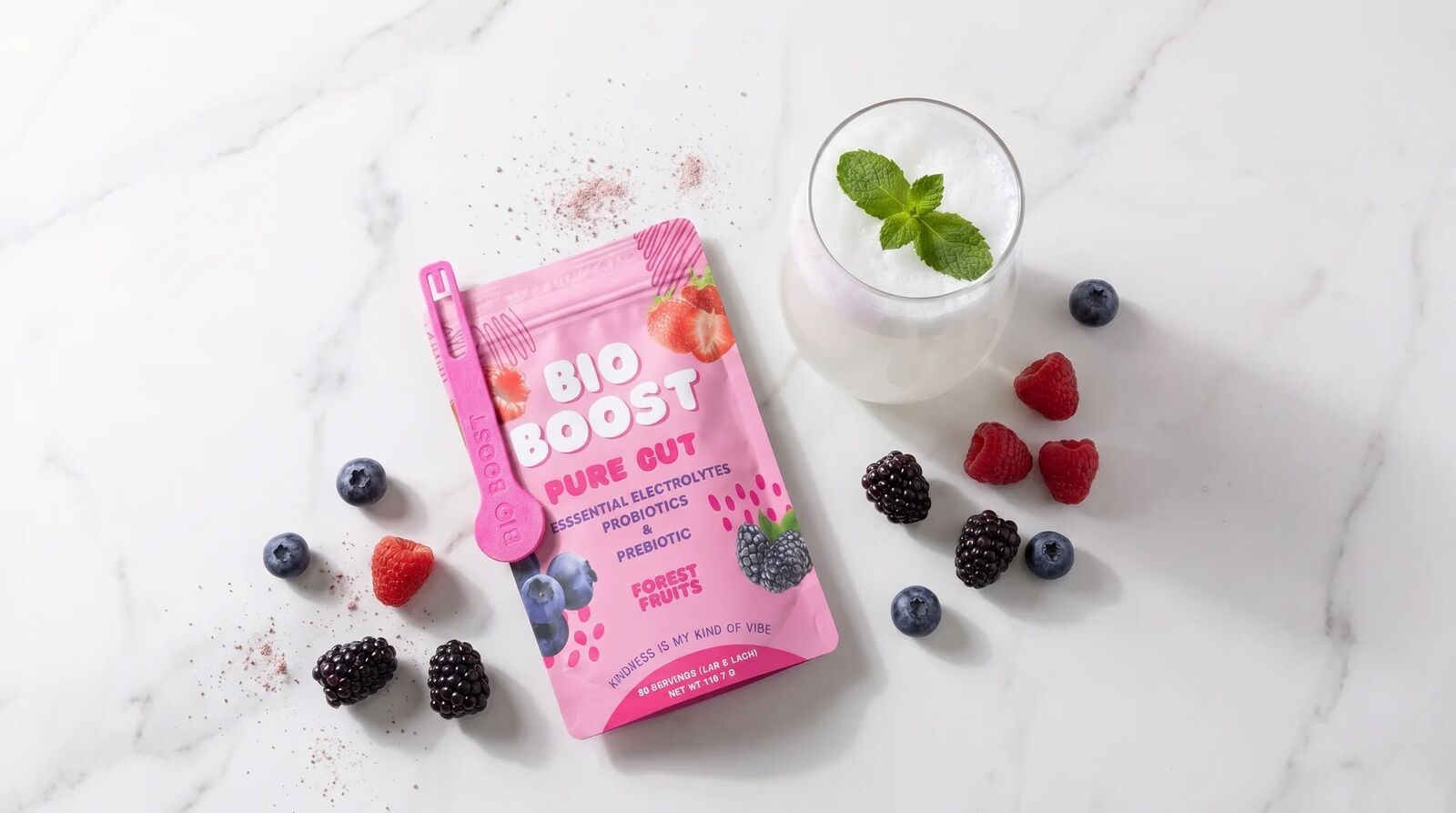 BioBoost Pure Gut with forest berries and a prepared drink