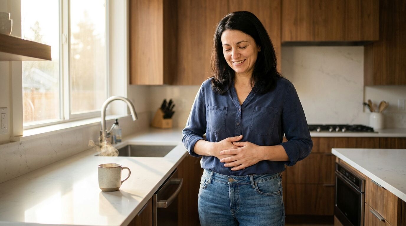 A woman feeling relief from a bloated stomach