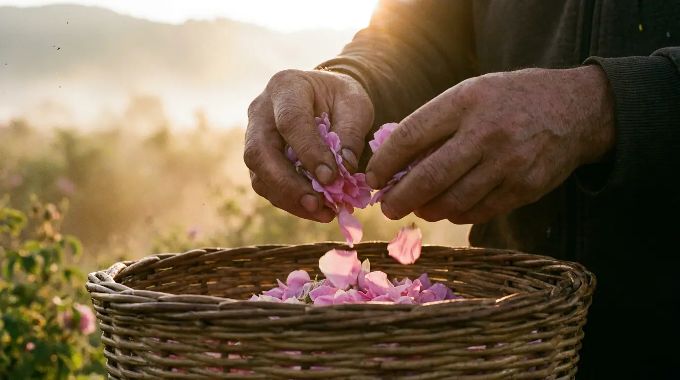 Roses picked by hand before dawn in Bulgaria