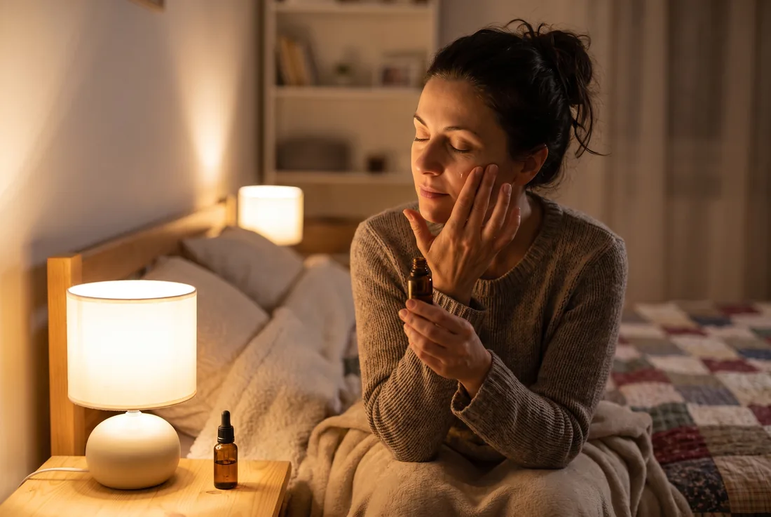 A woman applying a drop of rose oil in the evening - a gentle ritual