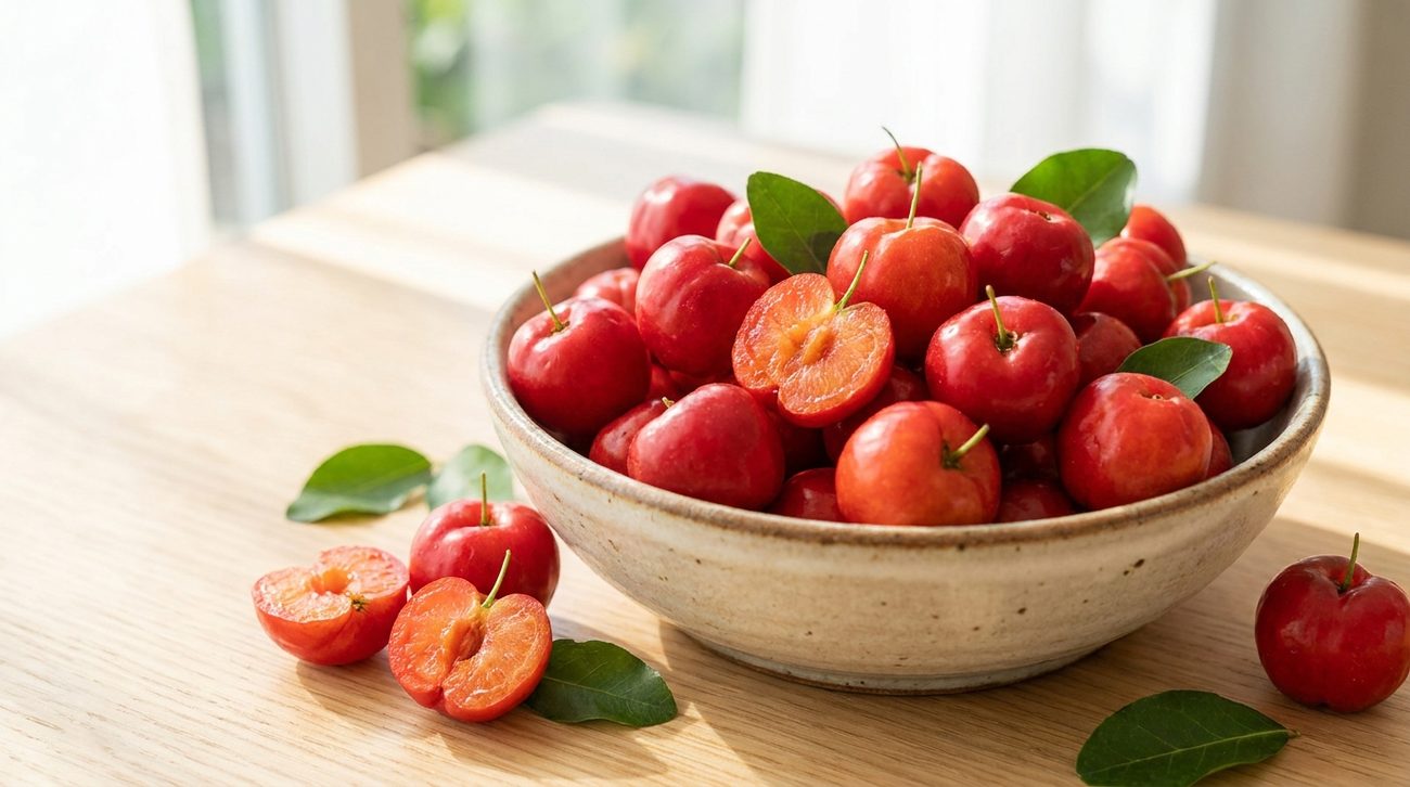 A bowl of ripe acerola fruit - a rich natural source of vitamin C