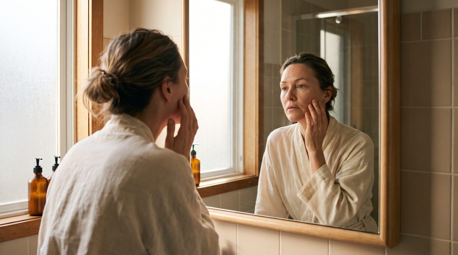 A woman catching her reflection in the mirror in morning light