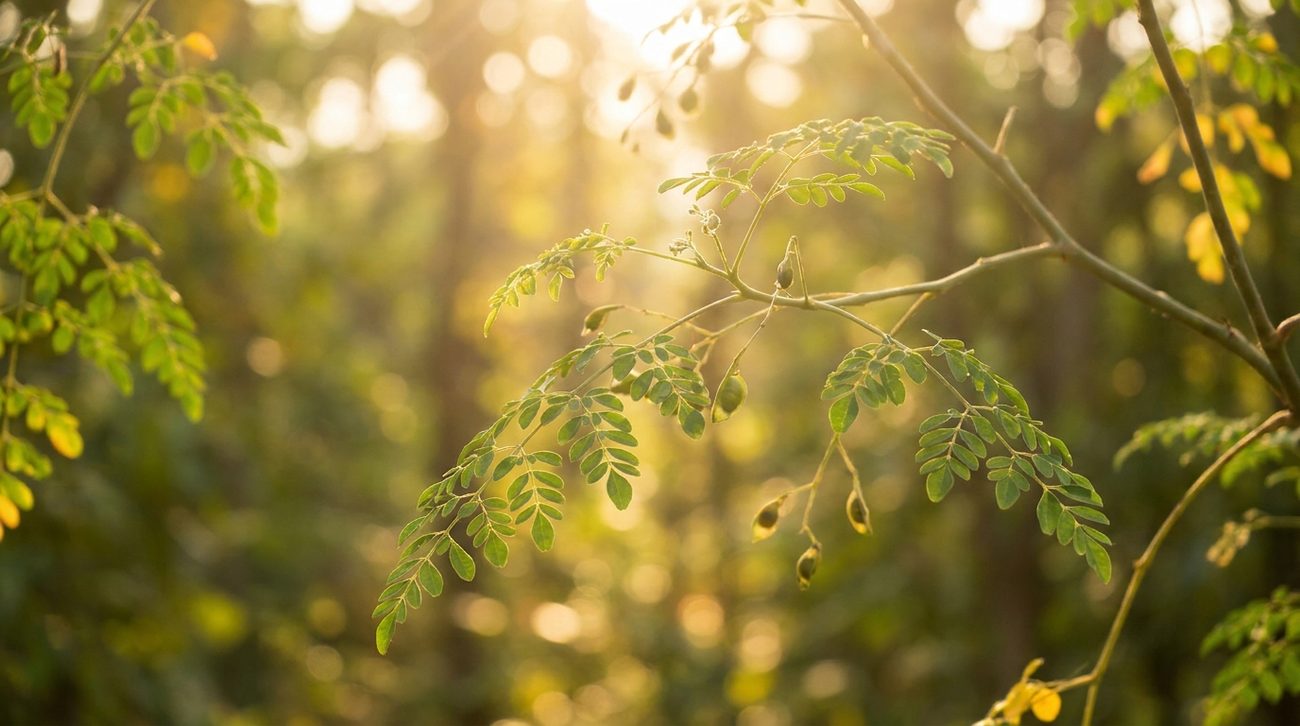 Moringa branches with delicate leaves in golden light
