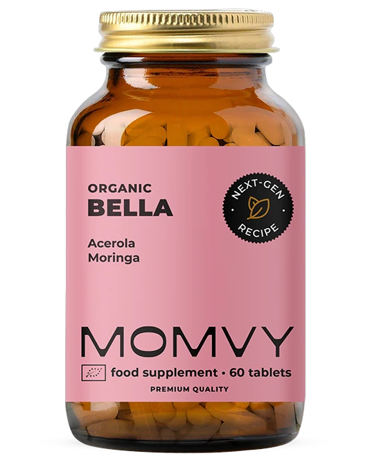 A bottle of MOMVY Organic BELLA - Acerola and Moringa, 60 tablets