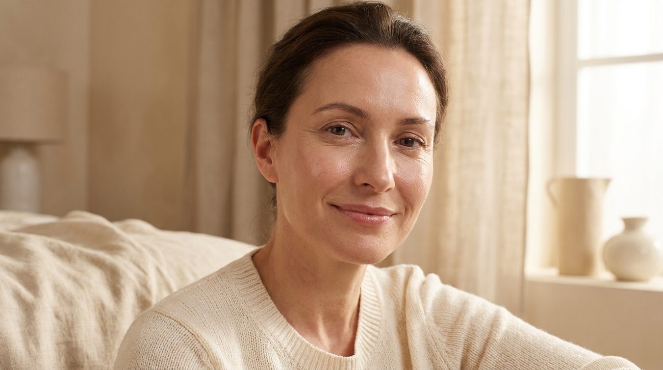 A woman with naturally radiant skin, confident and comfortable in herself