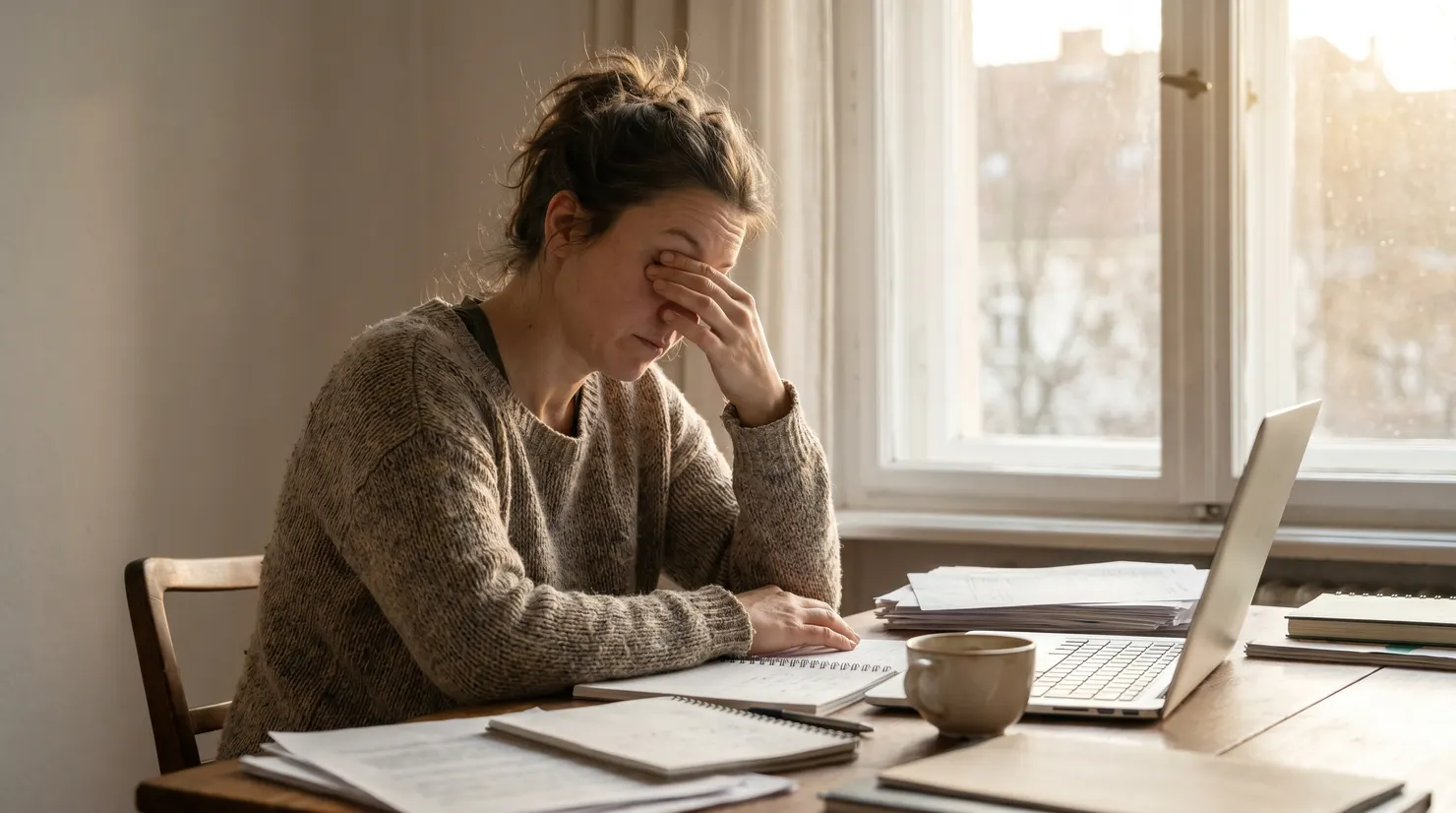 An exhausted woman at her desk in the afternoon