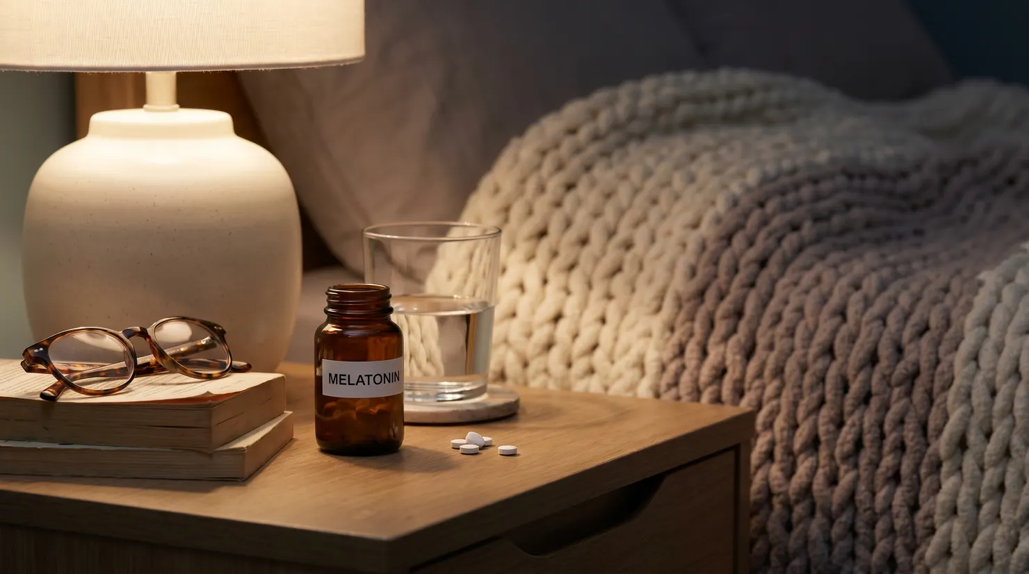 A bedside table with supplements, pills and a glass of water