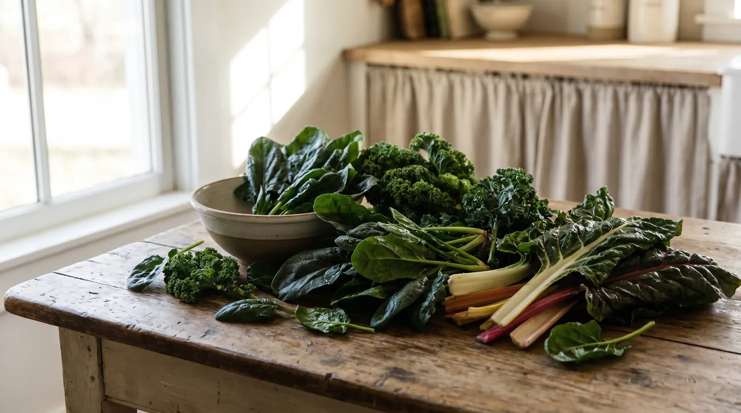 Fresh leafy greens on a wooden table