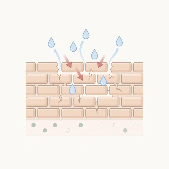 Illustration: a damaged skin barrier - moisture escapes, irritants get in through the gaps, and the good bacteria have almost disappeared