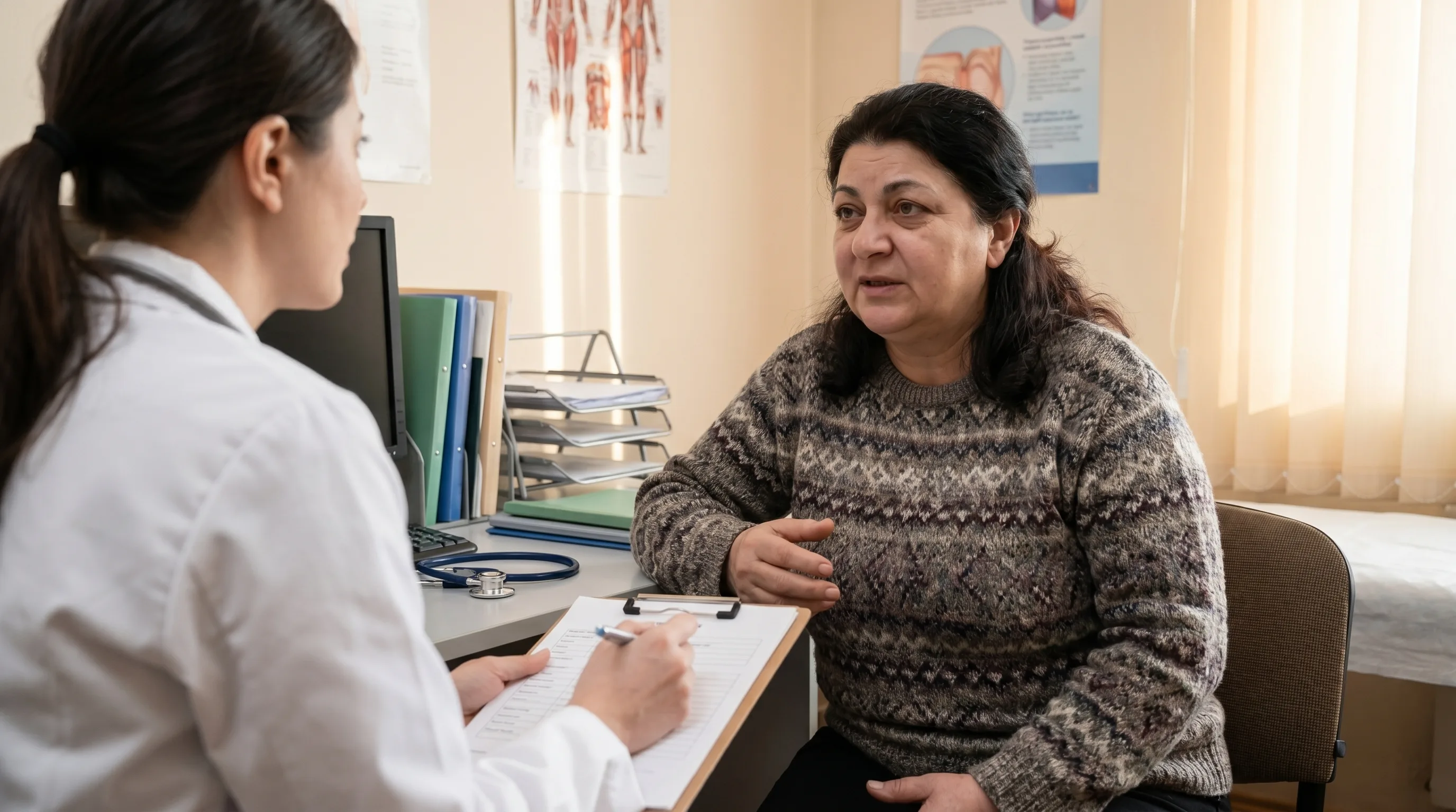 A woman in a doctor's office, talking to a doctor