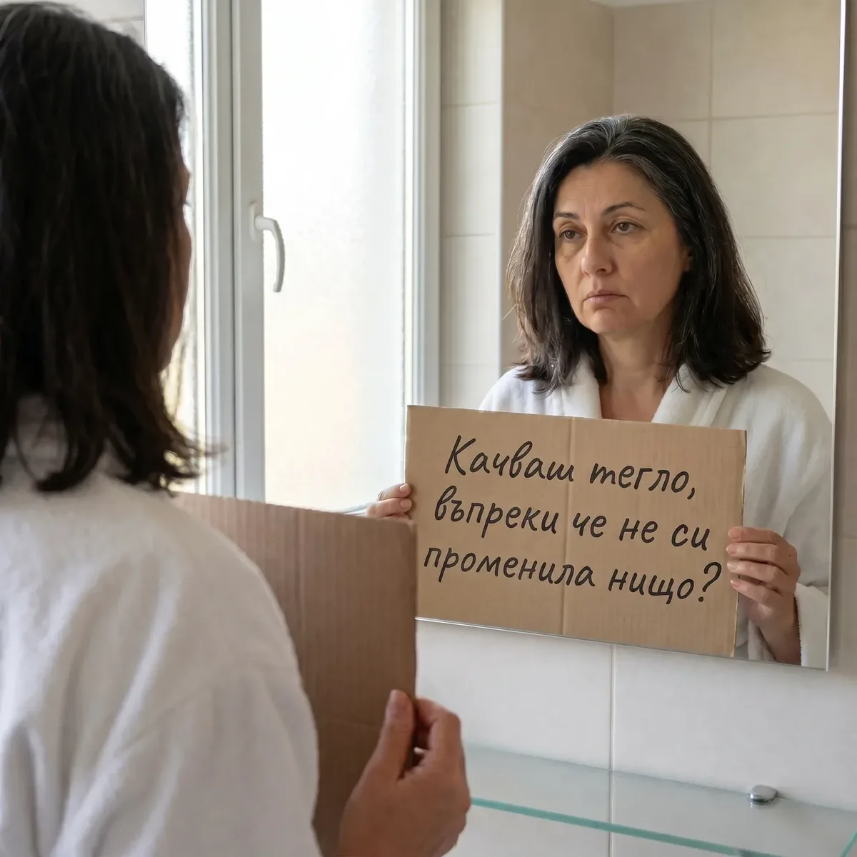 A woman in a bathrobe facing a bathroom mirror, holding a handwritten cardboard sign.