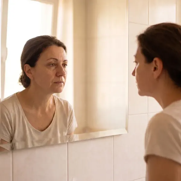 A woman looking at herself in a bathroom mirror in soft morning light.