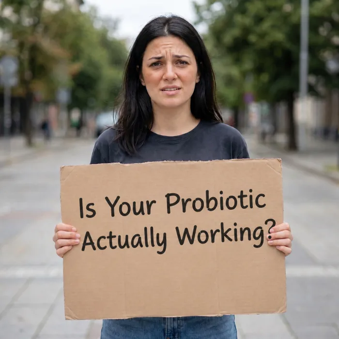 An ad showing a woman holding a cardboard sign reading: is your probiotic actually working?