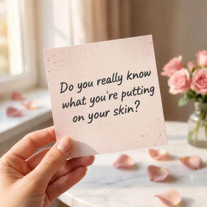 An ad showing a hand holding a card asking whether you really know what you are putting on your skin.