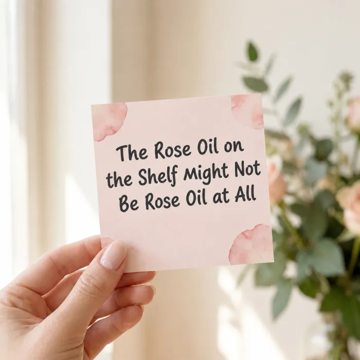 An ad showing a hand holding a card that reads: the rose oil on the shelf might not be rose oil at all.