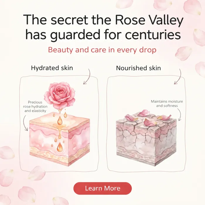 An ad comparing hydrated and nourished skin, headlined: the secret the Rose Valley has guarded for centuries.