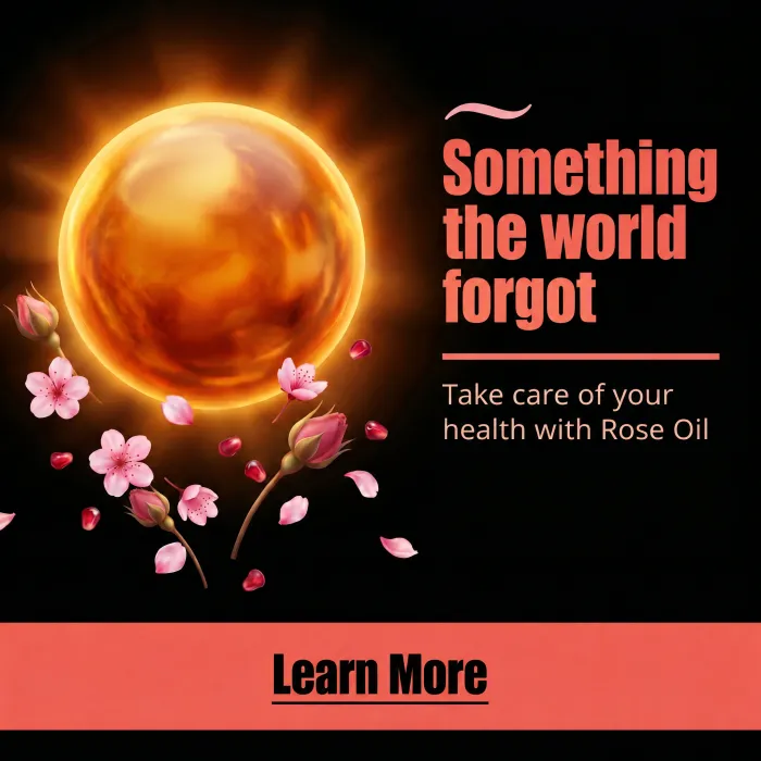 An ad for rose oil on a dark ground, headlined: something the world forgot.