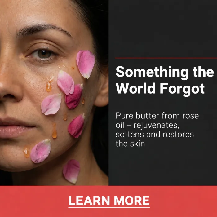 An ad showing a face with rose petals beside a dark panel reading: something the world forgot.