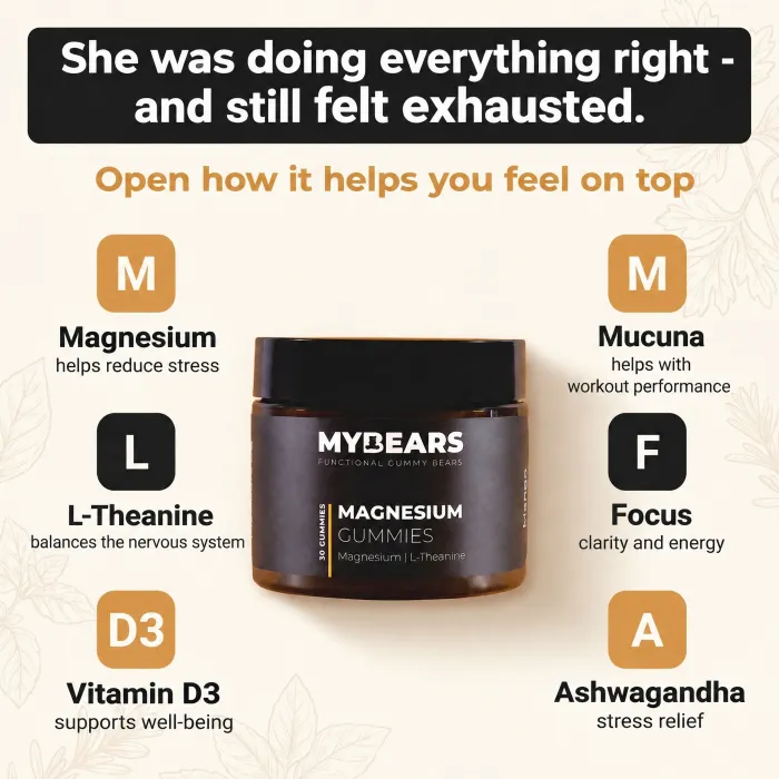 An ad with ingredient chips around a jar, headlined: she was doing everything right and still felt exhausted.