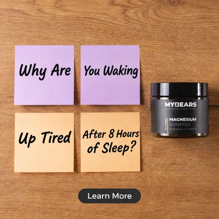An ad showing sticky notes on a wooden desk asking why you are waking up tired after eight hours of sleep.