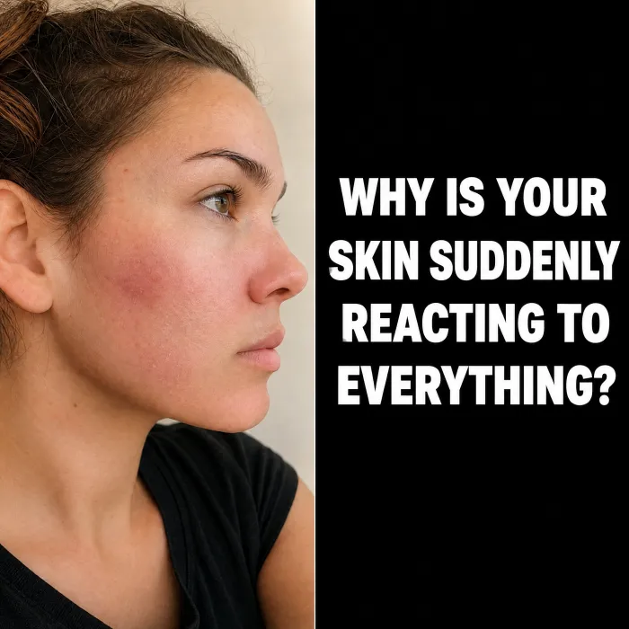 An ad beside a dark panel asking why your skin is suddenly reacting to everything.